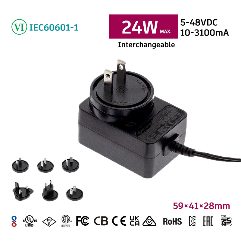 Madapter 24W max. IEC60601-1 Cert. Medical Interchangeable Wall Mounted Power Adapter Custom Power Adapter